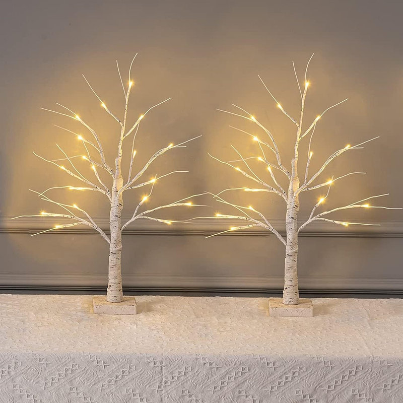 2 Pack 24” 2FT Lighted Birch Tree With 18LT Warm White Leds, Christmas Decorations Indoor Battery Powered Timer, Artificial Branch Trees For Money Tree Party Wedding Table Mantel Home Decor