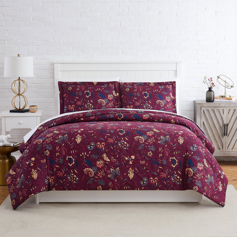 Blooming Blossoms Duvet Cover Set, King Duvet Cover + 2 Shams, Red