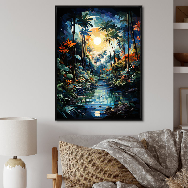 Xaviar Green Palm Trees Pointillism III sur toile, H 32 po x l 16 po x P 1 po, Cadre flottant noir