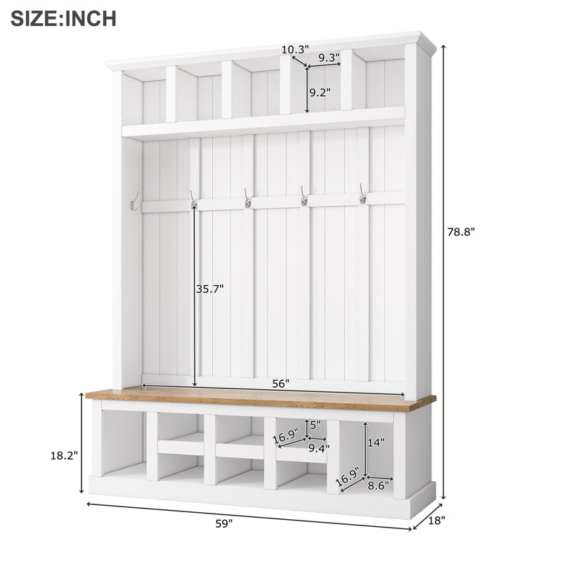 Farmhouse Style Hall Tree with Wide Storage Seating Bench, Entryway Shoe Cabinet with 13 Compartments, Elegant Coat Rack with 6 Hooks for Mudroom, Living room
