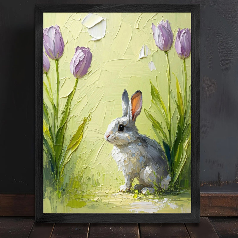 Décoration murale de qualité supérieure en bois massif encadré noir lapin assis herbe élégante pour la décoration intérieure contemporaine