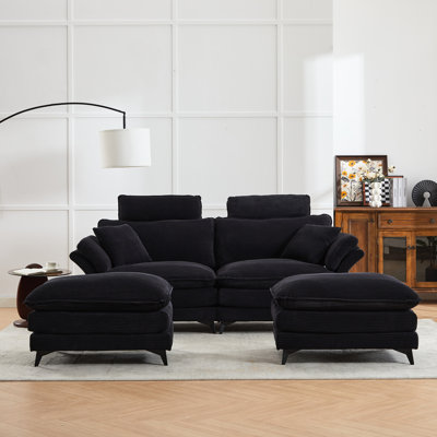 Canapé modulaire de luxe avec rembourrage en mousse, velours côtelé de 85,8 po pour le salon, repose-pieds confortable noir de bureau, revêtement