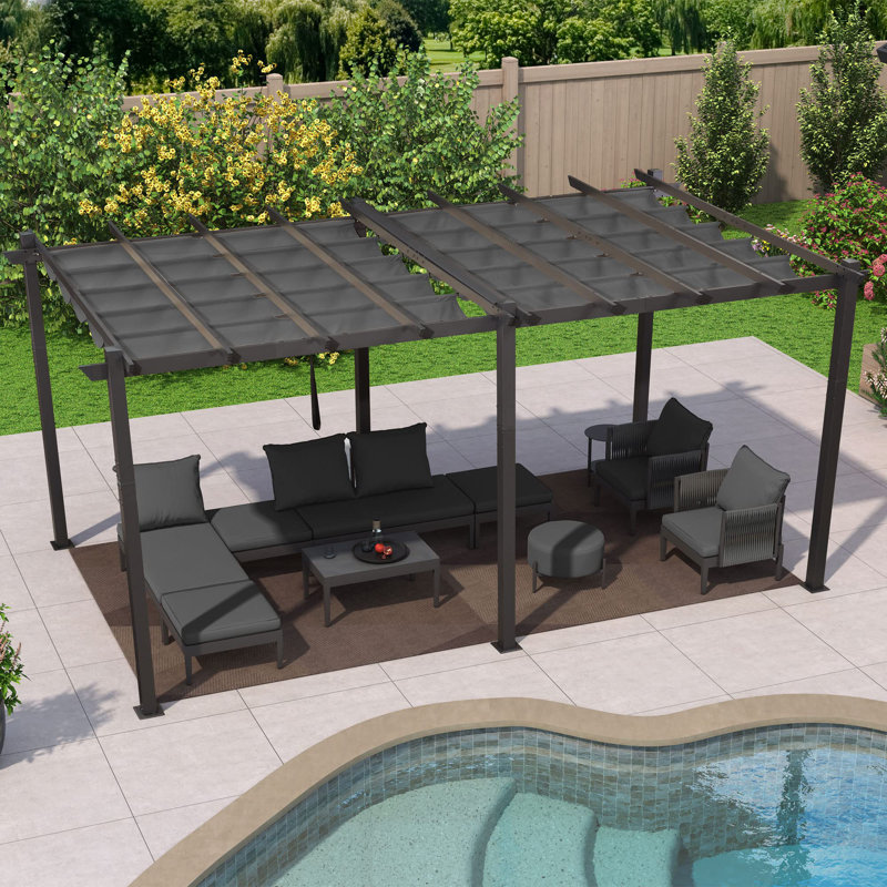 Gray Aluminum Pergola with Retractable Canopy, 10' x 18'