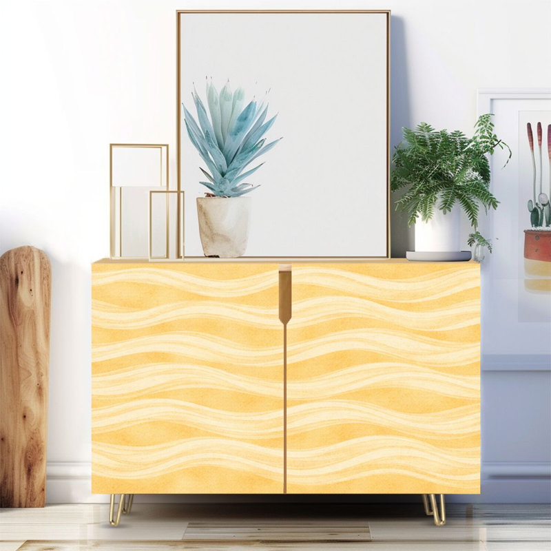 Buffet étroit de 35,4 po de largeur - armoire de rangement d'appoint à 2 portes avec imprimé texturé ondulé abstrait doré et pieds en métal