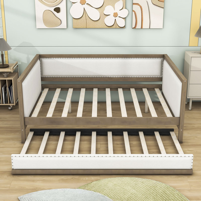 Buchanan Modern Full Size Upholstered Daybed with Trundle, Nailhead Trim and Slats
