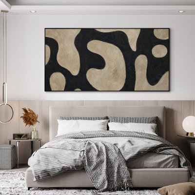 Très grand art mural imprimé sur tissu - Motif géométrique organique noir, décoration de salon moderne - «Assemblage requis du cadre (cadre non fini)»