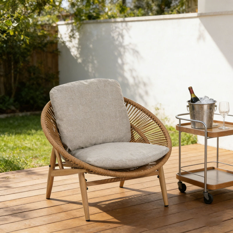 Chaise longue d'extérieur en osier, Beige, Brun clair-1