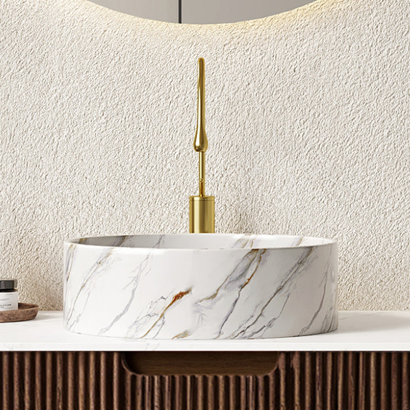 Lavabo de salle de bain rond en céramique 14 "avec motif de pierre, sans robinet