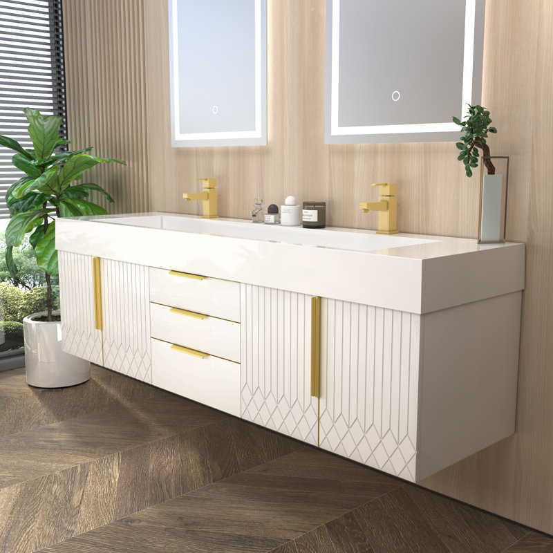 Milana  Floating Bathroom Vanity With Reinforced Acrylic Double Sink In Gloss White, 72"