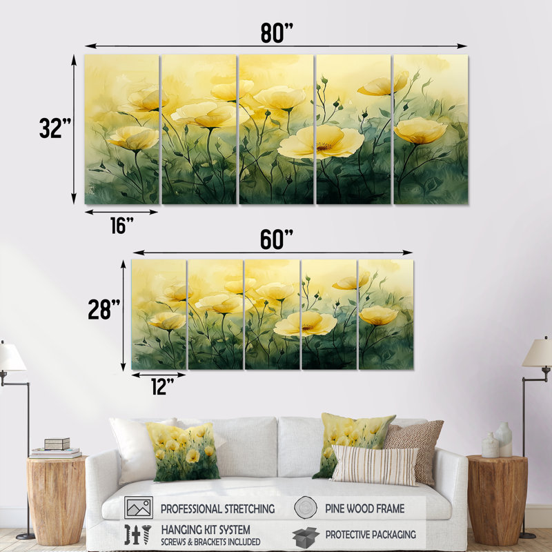«Dahlia Flower Summer Horizons III» - art mural - ensemble de décorations d'art Wal, H 32 po x l 80 po, 5