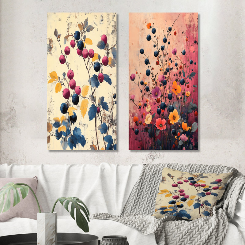 «Pink Delicate Berries», ensemble de 2 impressions murales en métal, 32" H x 32" W