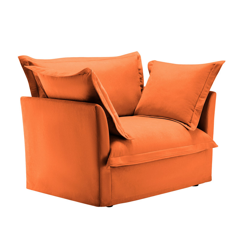 Simple, orange, fauteuil en chenille, confort luxueux, grand dossier et coussins décoratifs, housses amovibles, structure solide de construction stable
