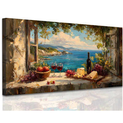  Wine Wall Art, Rustic Mediterranean Window Scene Canvas Wall Decor, Cozy Vineyard Wine and Cheese Prints Seaside Artwork Painting for Dining Room Kitchen Bar Pictures Wall Decor, 30x60 inches