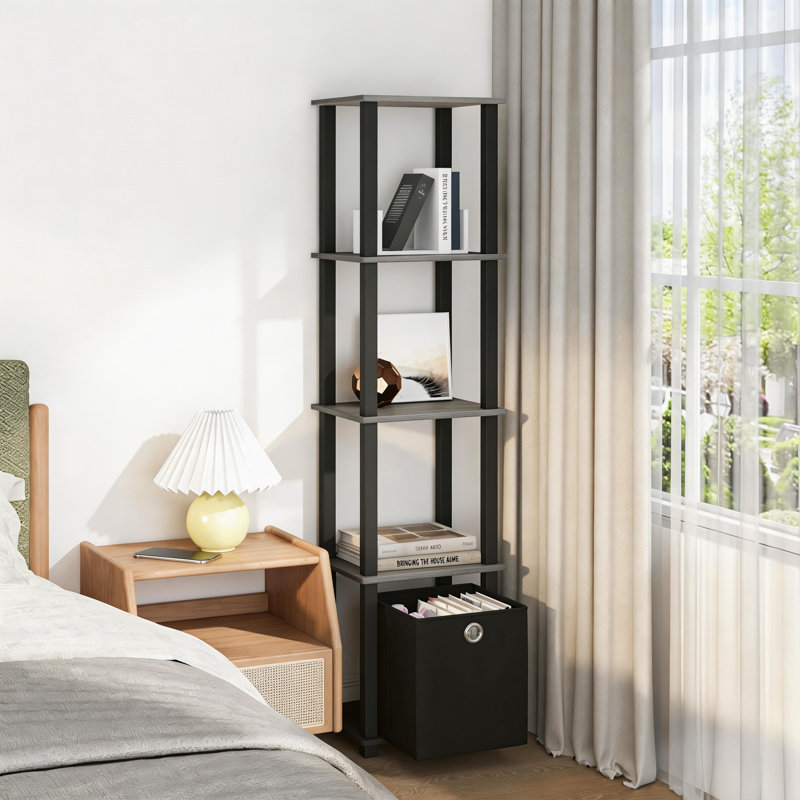 5-Tier Open Shelf Bookcase, Compact Storage Bookshelf with Bin, Gray; Black