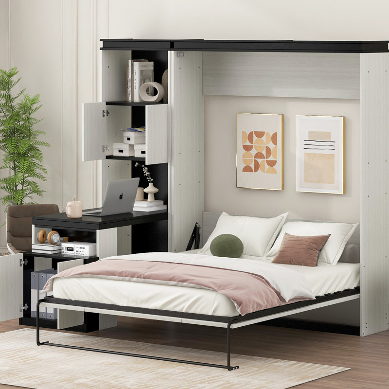 Lit double noir + blanc avec tablettes de rangement et fonction de bureau pour optimiser l'espace