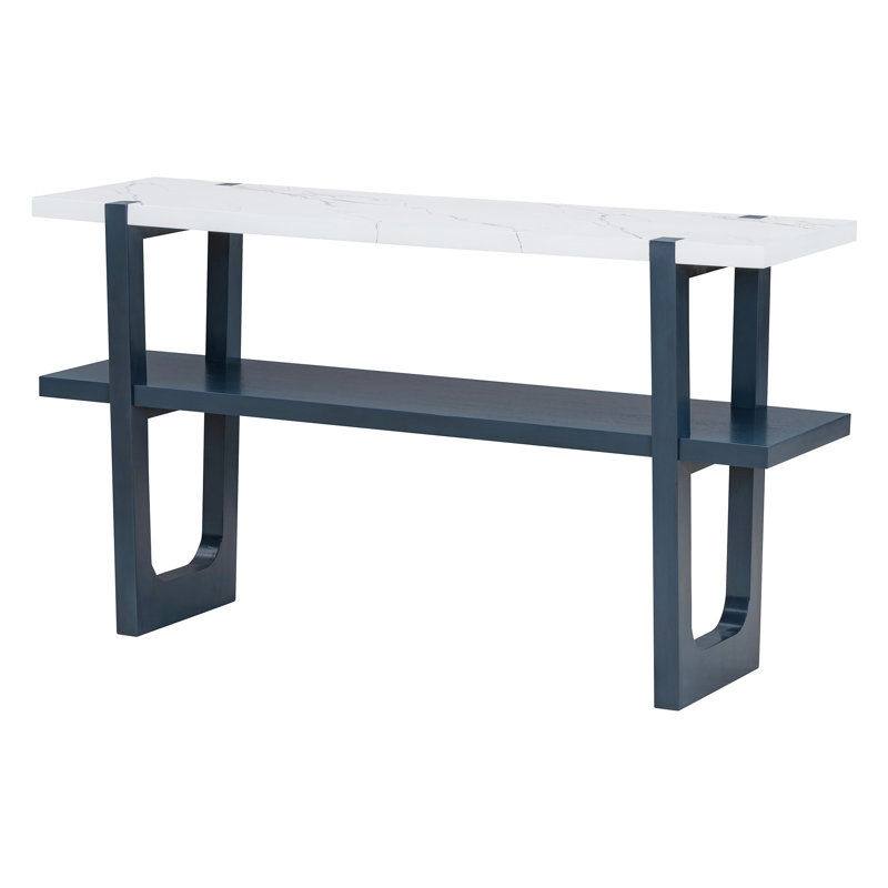 Narrow Console Table With Marble-Effect Top, Retro Entryway Table With Open Shelf, Sofa Table For Entryway, Hallway And Living Room (Navy)