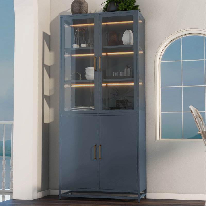 76.75'' Tall Display Cabinet With Double Glass Doors And LED Lights Steel Curio Cabinet For Collectibles Figures Trophies 3-Sided Glass Display Case For Home Office Study Stores Playroom