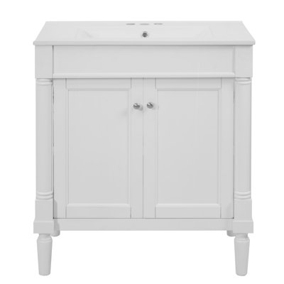 30-Inch Modern Bathroom Storage Cabinet With Sink, Solid Wood Base Vanity With Adjustable Shelf And Soft-Close Doors, White/Green