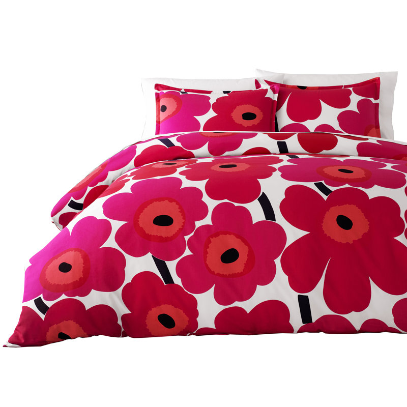 Marimekko Unikko Red Cotton Floral Queen Duvet Cover Set