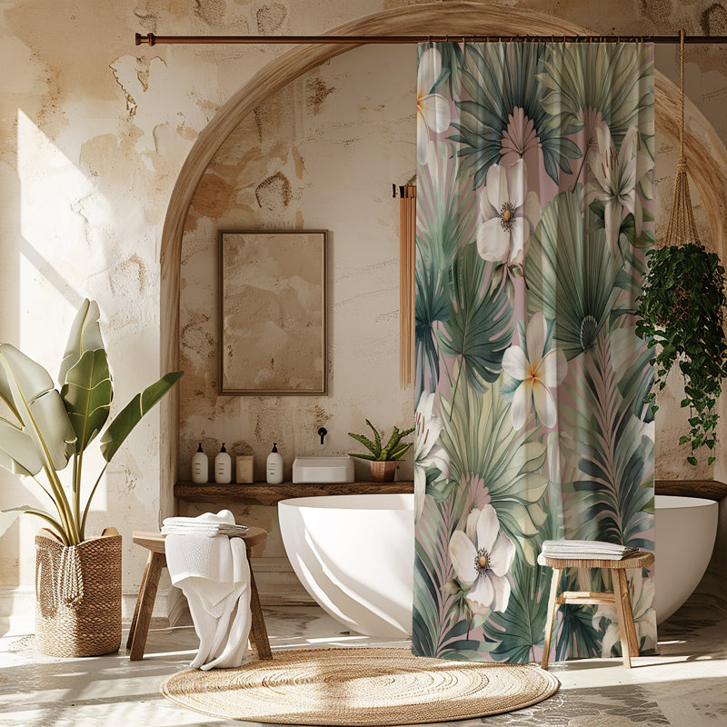 Rideau de douche Plumeria, Blanc / motif floral vert, H 90 po x l 71 po