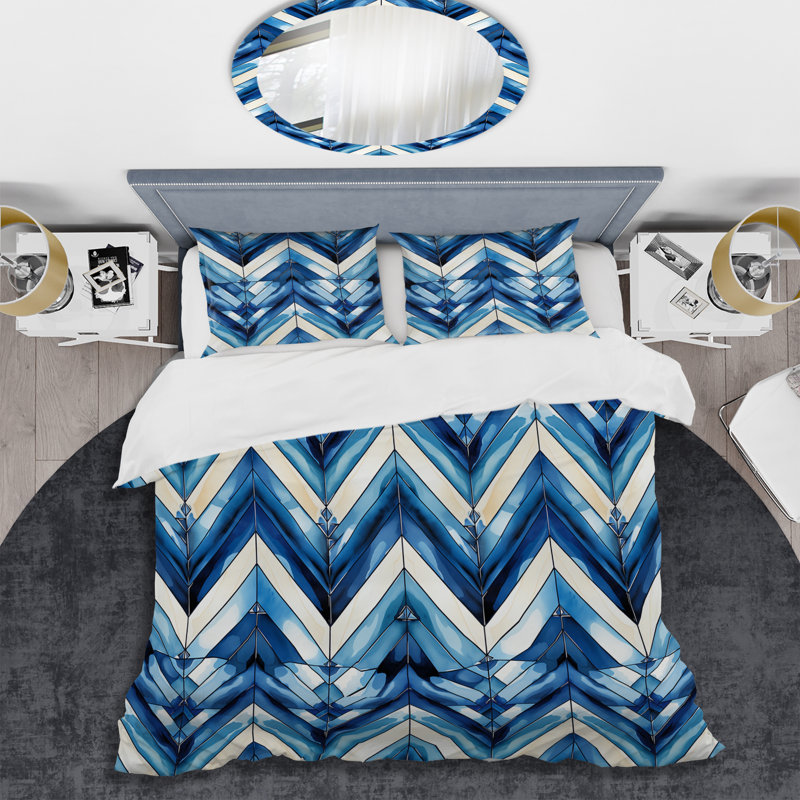 Ensemble de housse de couette rétro à motif de chevrons bleu cobalt et blanc II