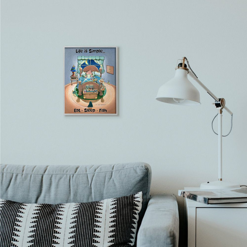 «Eat Sleep Fish Funny Sports Fishing Dessin» par Gary Patterson - impression d'art graphique, H 14 po x l 11 po, Cadre gris