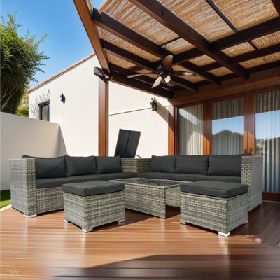 8 Piece Patio Sectional Wicker Rattan Outdoor Furniture Sofa Set With One Storage Box Under Seat And Cushion Box Grey Wicker + Black Cushion + Clear G by Latitude Run