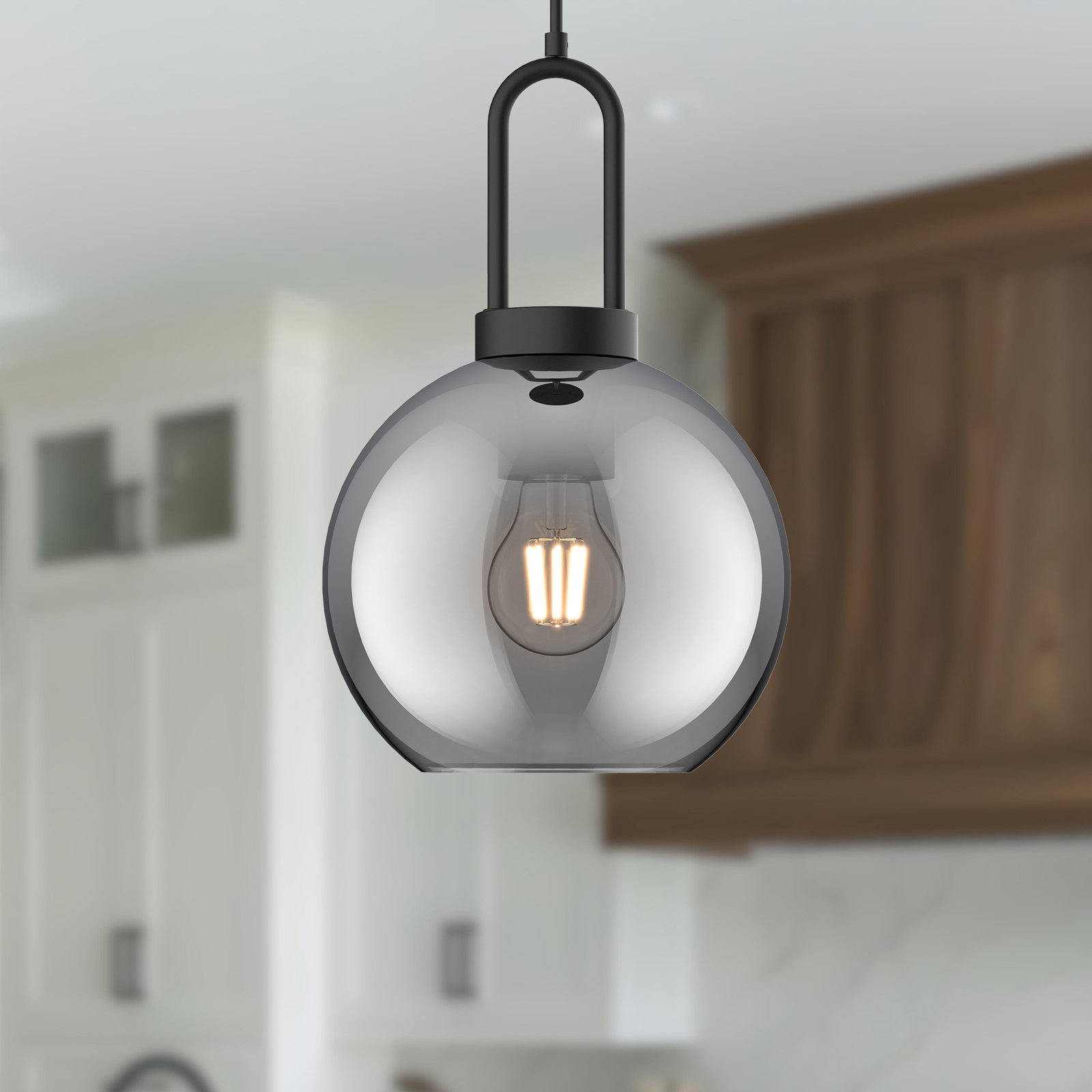Shiloh Single Light Glass Pendant, Matte Black, Smoke, 14.375"H x 9.875"W x 9.88" D