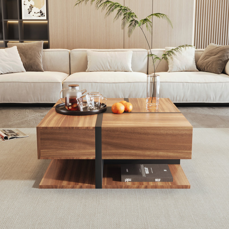 Pedestal Coffee Table with Storage, Dark Brown Wood/Black