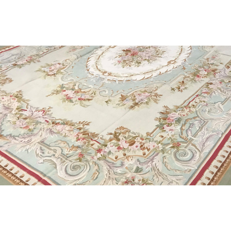 Tapis vert et ivoire noué à la main de haute qualité