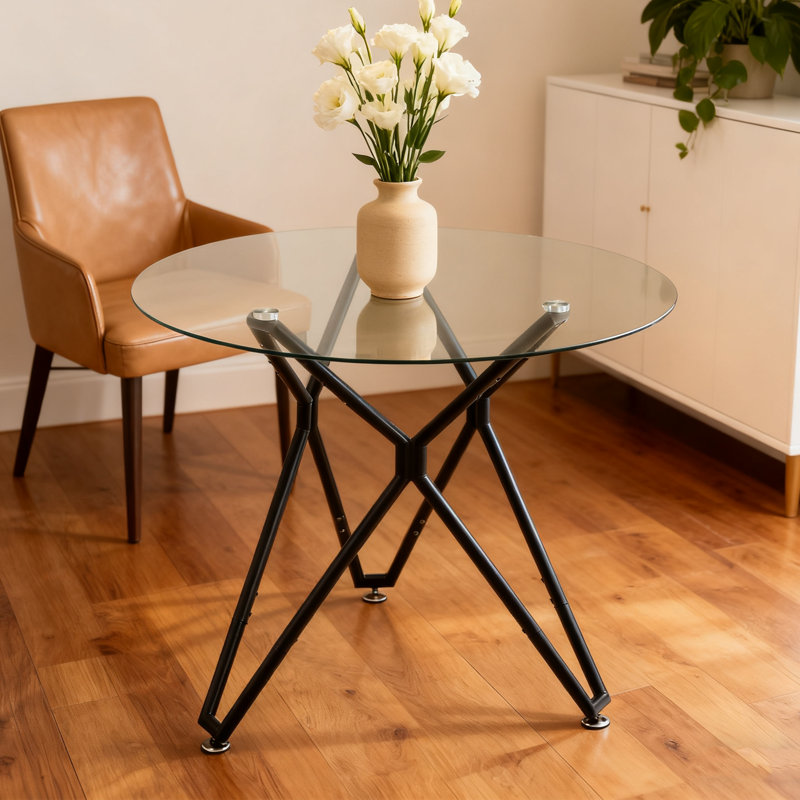 Table de salle à manger ronde en verre trempé 35,4 po avec pieds en métal