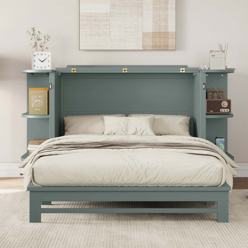 Armoire-lit style rustique en pin massif avec station de charge et 2 tablettes ouvertes pour bureau à domicile ou petite pièce
