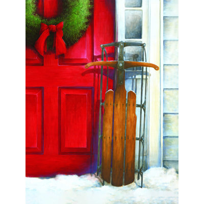 Porte rouge et traîneau - impression sur toile tendue