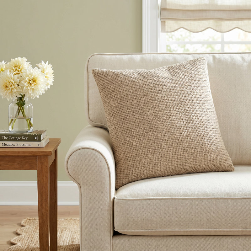Clovis Square 100% Cotton Pillow, Beige, 18" x 18", Poly Fill