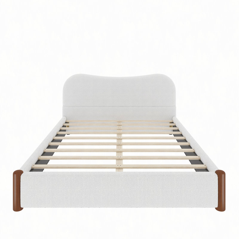 Lit plateforme tapissier avec pieds en bois, Grand lit, Blanc