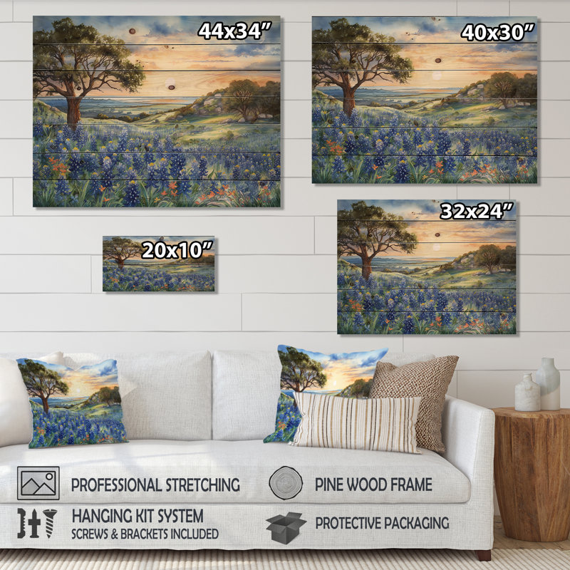 Blue Bonnets Sunset - Blue Bonnets Wood Wall Art On Natural Pine Wood, 24" H x 32" W