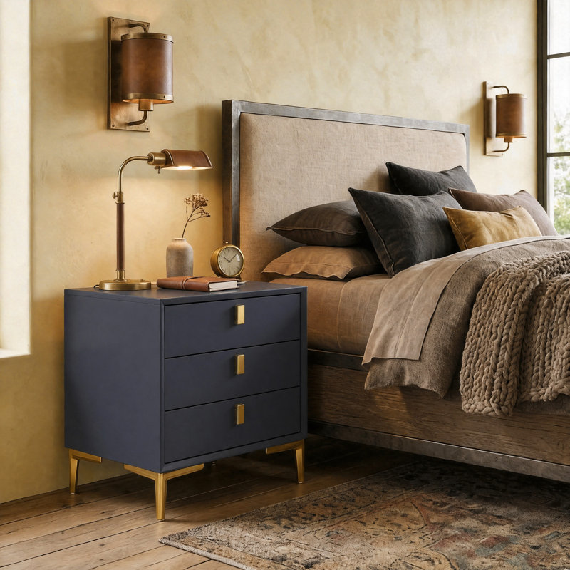 3-Drawer Modern Nightstand With Metal Legs, Navy