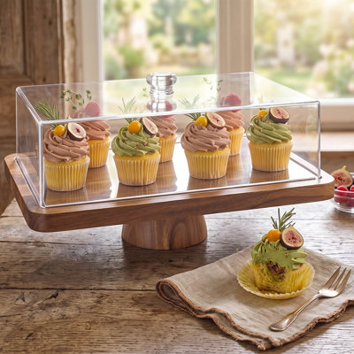 Acacia Wood Rectangular Cake Stand With Lid, 2-in-1 Dessert Display Tray With Acrylic Dome Cover, Charcuterie Board