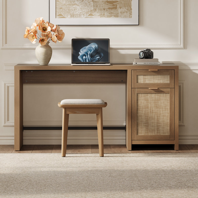 59.05''W Boho Rattan Desk with Spacious Workspace and Hidden Storage, Caramel Oak