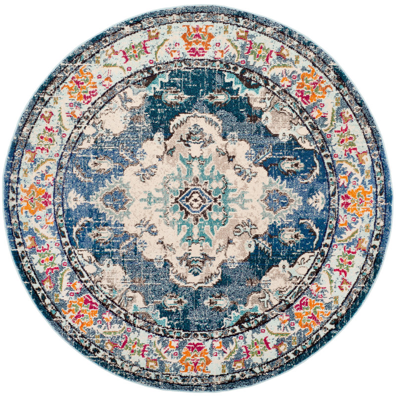 Almyra Oriental Area Rug, Round 4', Navy/Light Blue