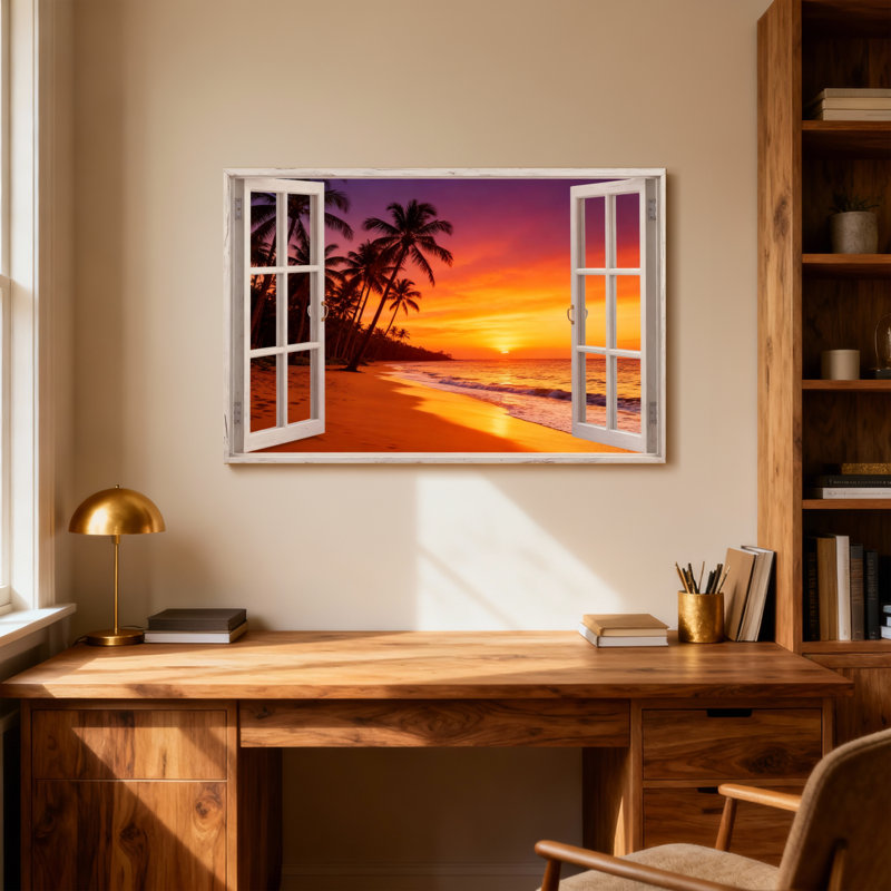 Paysage, nature, coucher de soleil tropical, plage, palmiers, océan, ciel, fenêtre, vue, H 12 po x l 18 po