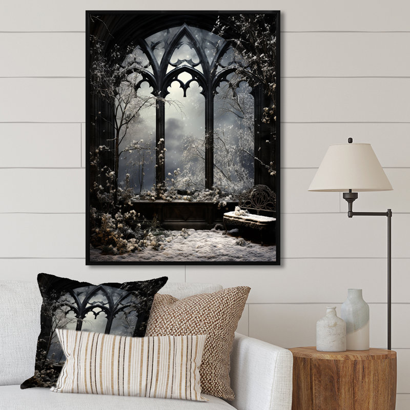 «Midnight Gothic Winter Window View III - Winter Landscape», art mural, Cadre flottant noir, H 20 po x l 12 po x P 1 po