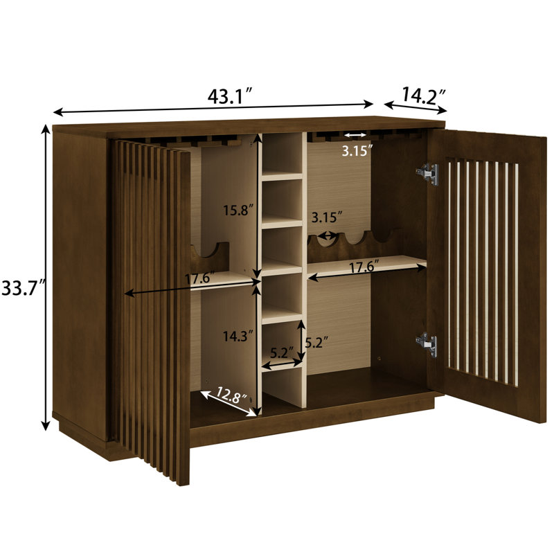 Mid Century Modern Fluted Hollowed Out Liquor Cabinet, Buffet Cabinet With Wine Glass Holder & Wine Rack, Brown