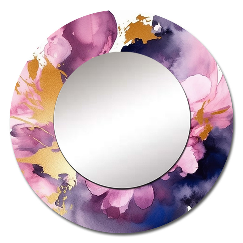 Mauve et rose Strokes I - miroir décoratif fractal, miroir mural rond moderne, impression d'art en métal, 23 po x 23 po