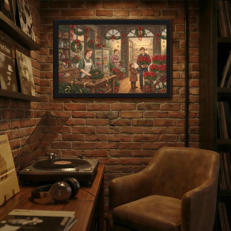 Scène de magasinage de Noël avec des gens et des décorations, H 24 po x l 36 po