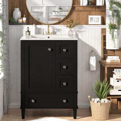 Meuble-lavabo compact en bois noir avec lavabo en céramique, style moderne pour un rangement efficace dans la salle de bain