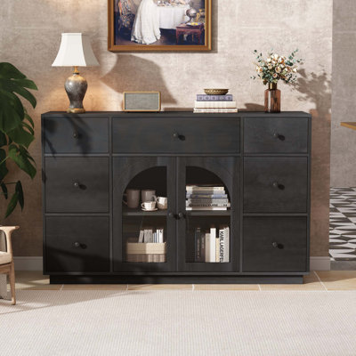 Armoire noire spacieuse avec 2 portes et 7 tiroirs pour l'entrée du salon et de la salle à manger, parfaite pour le rangement organisé
