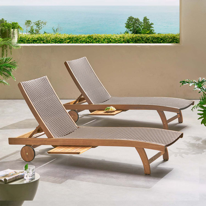 Charmant ensemble de chaises longues en bois d'acacia avec plateau coulissant pour la détente, Brun