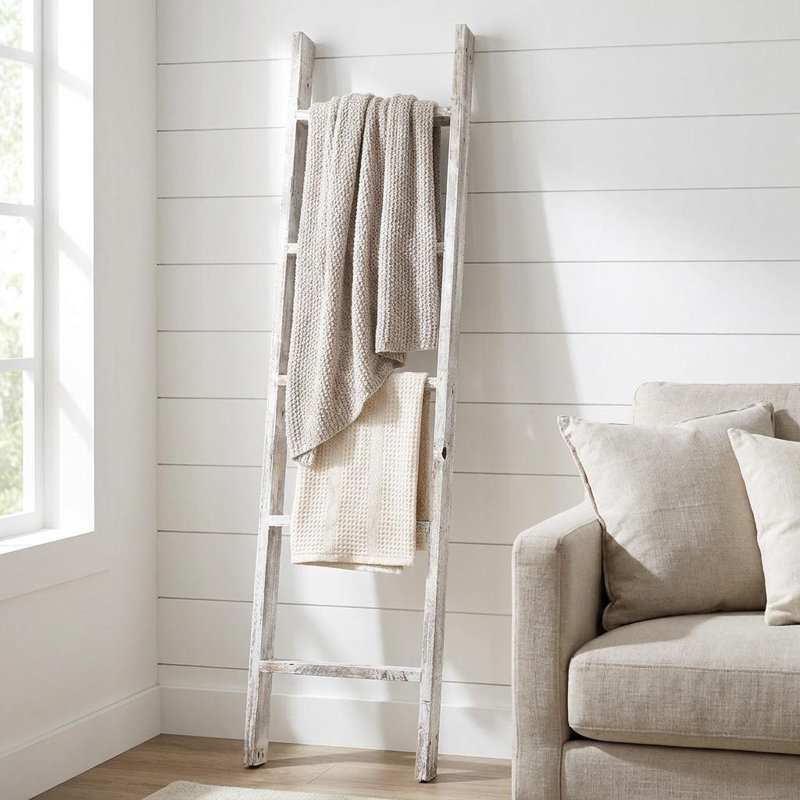 Orla Rustic Step Wood Ladder Shelf, (4 Shelves) 60" H x 14" W x 4" D, White
