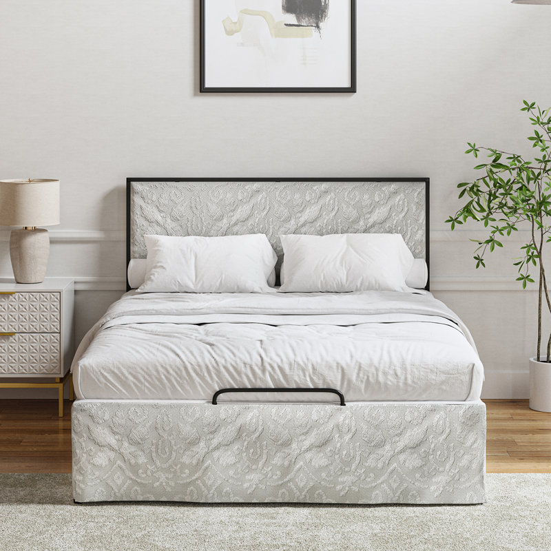 Neilius Upholstered Platform Bed with Washable Slipcover, Queen, Pattern White
